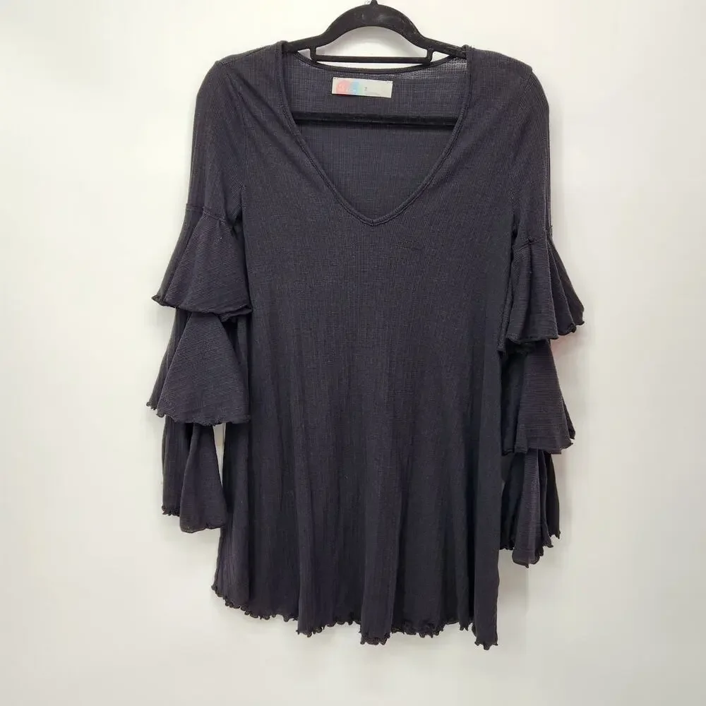 Free People Beach Black Tiered Flutter Sleeve Mini Oversized Dress‎ Women's XS